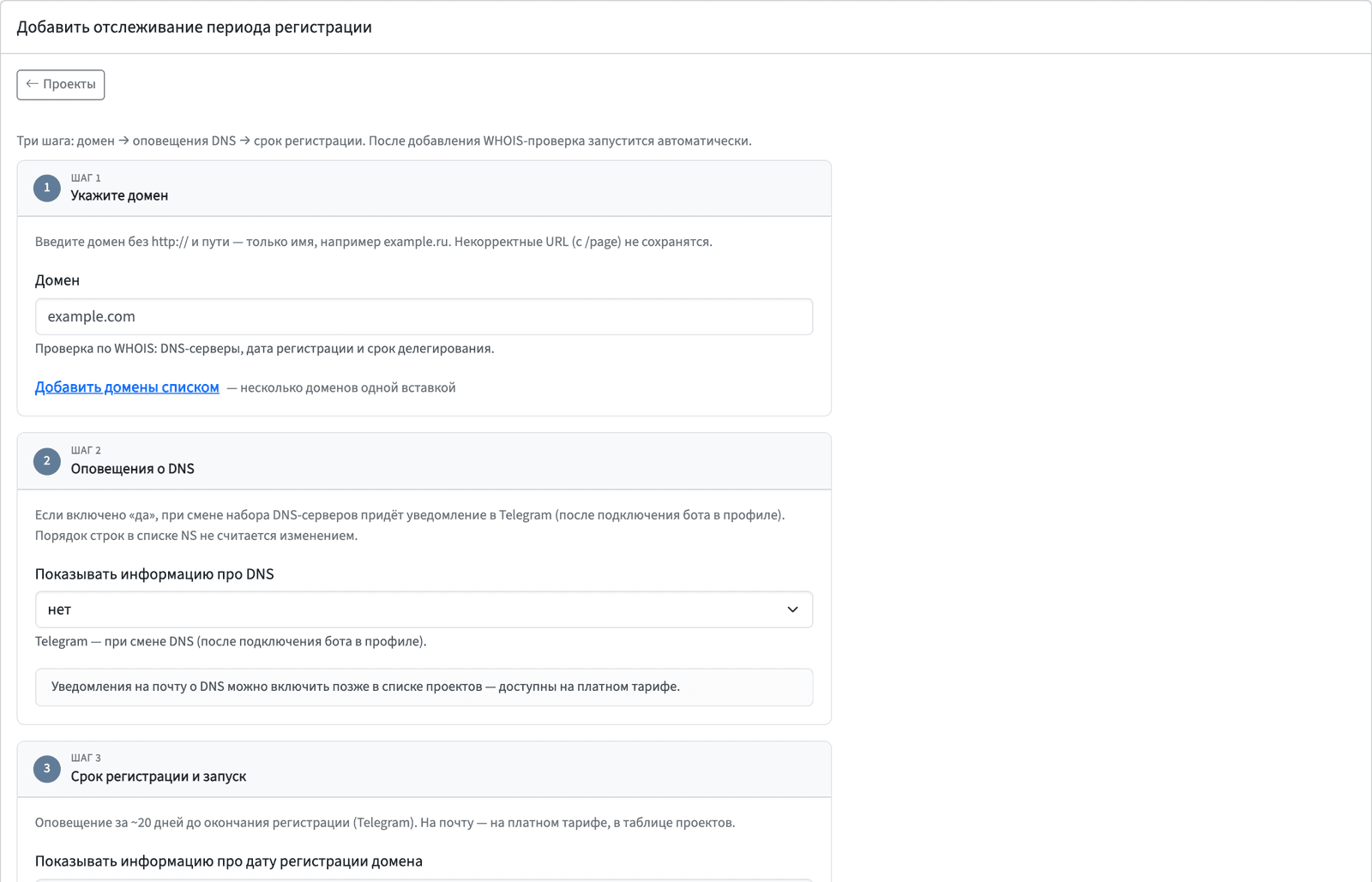 Добавление домена: срок, DNS и оповещения